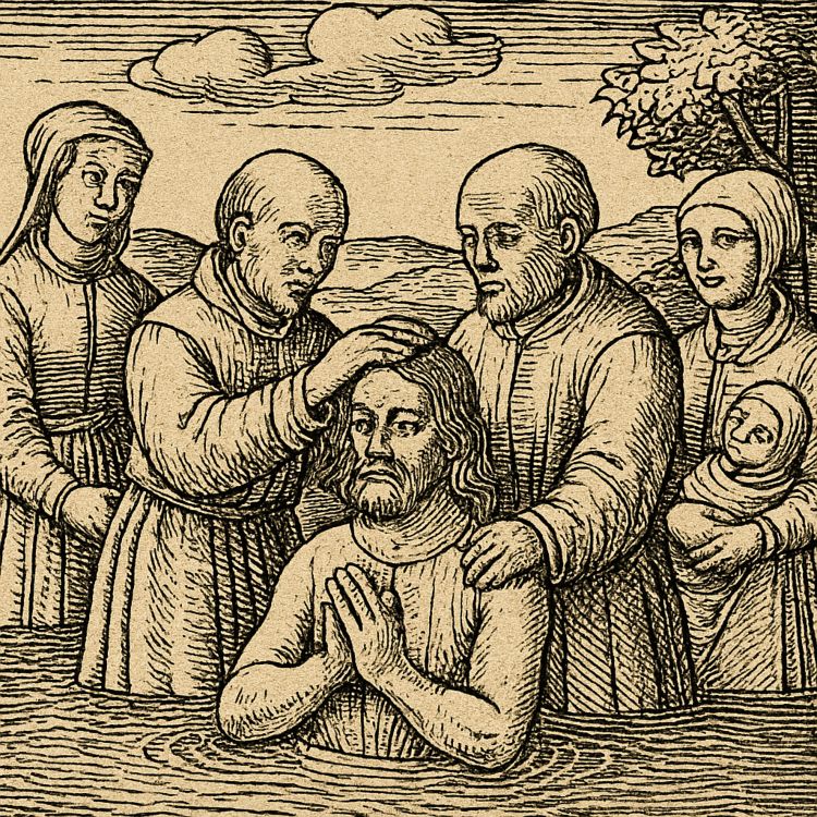 Ilustración estilo xilografía del siglo XVI que muestra el bautismo adulto de un hombre en un entorno rural, rodeado por cuatro personas con vestimenta de la Reforma radical.