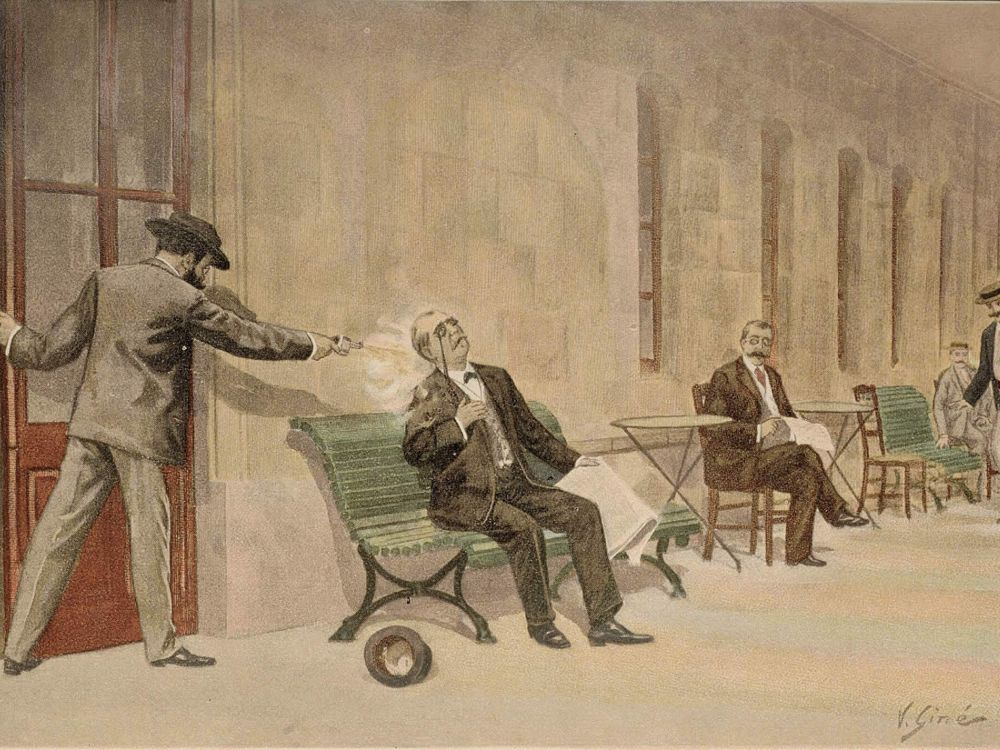 Ilustración del asesinato de Cánovas del Castillo por Michele Angiolillo en el balneario de Santa Águeda, 1897.