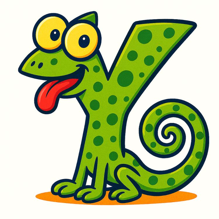 Letra Y caricaturizada como un camaleón verde con expresión exagerada