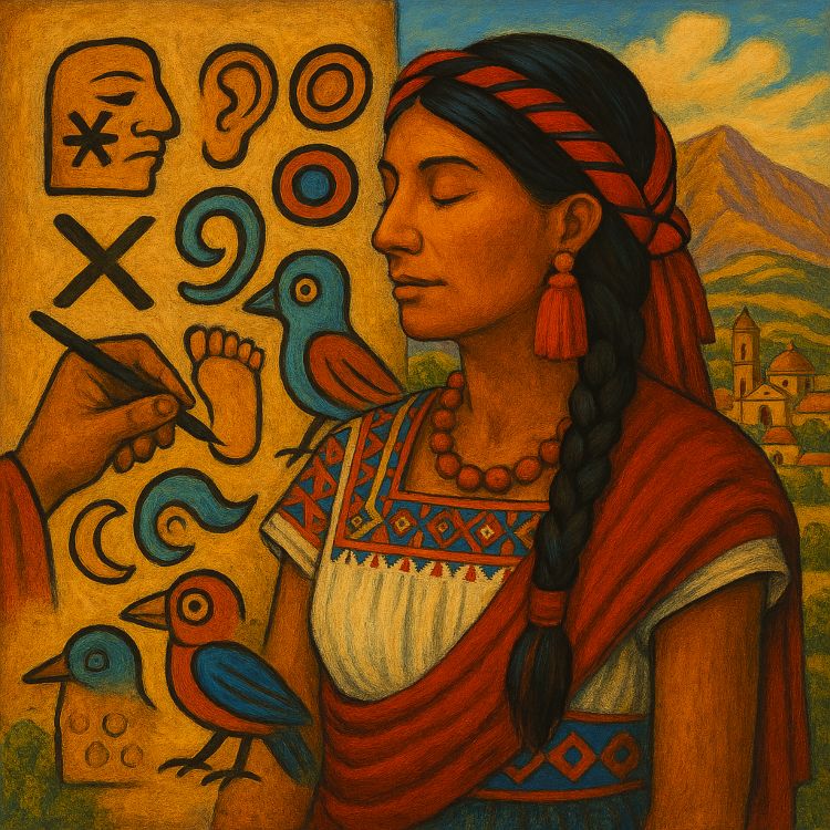 Chalcatongo mixteco. Mujer mixteca con vestimenta tradicional frente a un paisaje montañoso de Oaxaca, acompañada de símbolos fonéticos mixtecos pintados sobre un muro antiguo