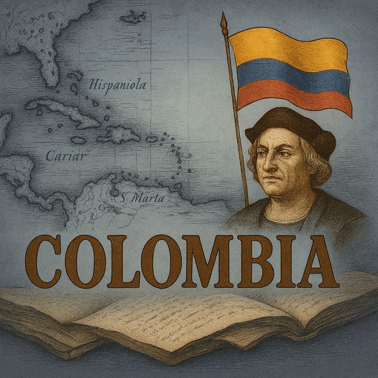 Ilustración histórica con el nombre 'Colombia”' sobre un mapa antiguo, acompañado por un retrato de Cristóbal Colón y la bandera colombiana ondeando