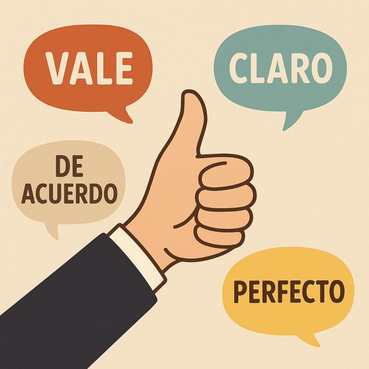 ¿Cómo decir 'OK' en español? Mano haciendo gesto de aprobación con el pulgar arriba, rodeada de burbujas con expresiones españolas de afirmación