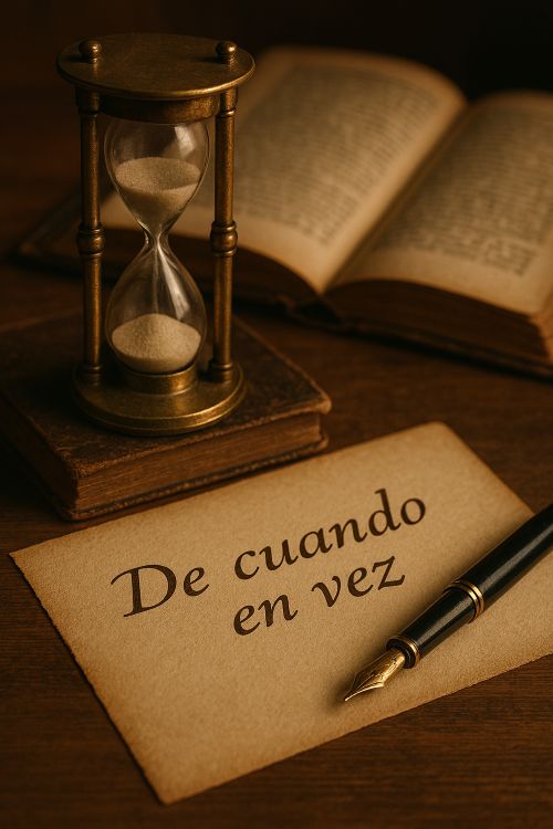 Reloj de arena antiguo junto a una pluma estilográfica y un papel con la frase 'De cuando en vez', sobre una mesa de madera con libros abiertos.
