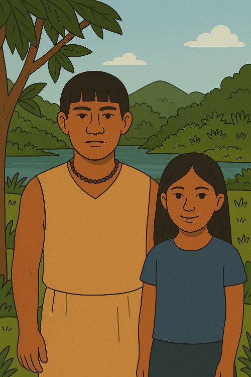 El chamicuro Retrato de un hombre indígena chamicuro y una niña en la selva amazónica.