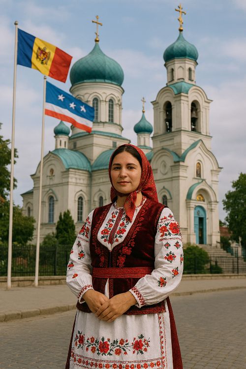 Idioma gagauz. Mujer gagauza con traje típico frente a iglesia ortodoxa en Comrat (Gagauzia)
