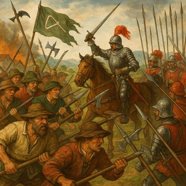 Campesinos alemanes del siglo XVI enfrentándose a soldados imperiales en una batalla rural durante la guerra de los campesinos (1524–1525)