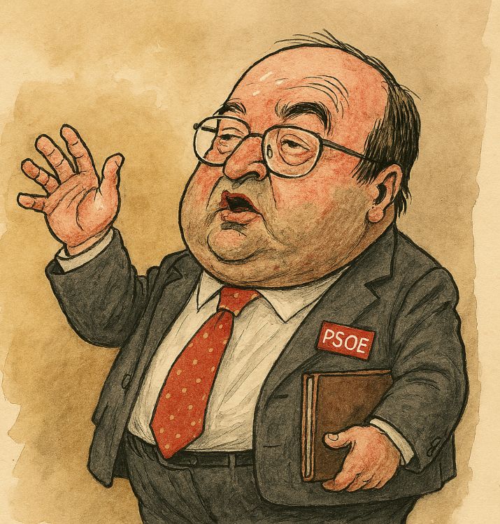 Caricatura de Miquel Iceta, oclócrata de salón, con gesto teatral, traje ajustado y carpeta en mano, en estilo editorial satírico
