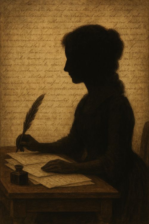 Imagen ficticia de Josefa Amar y Borbón escribiendo con pluma sobre manuscritos antiguos, con fondo de texto manuscrito en pergamino.