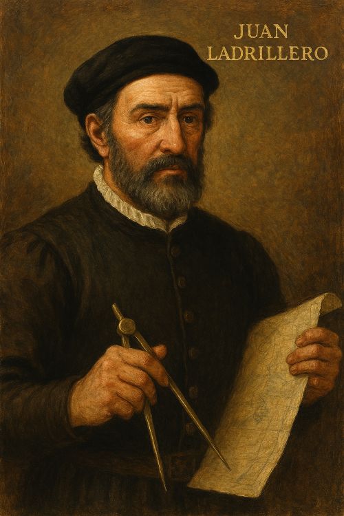 Retrato ficticio de Juan Ladrillero con instrumentos de navegación y mapa en mano