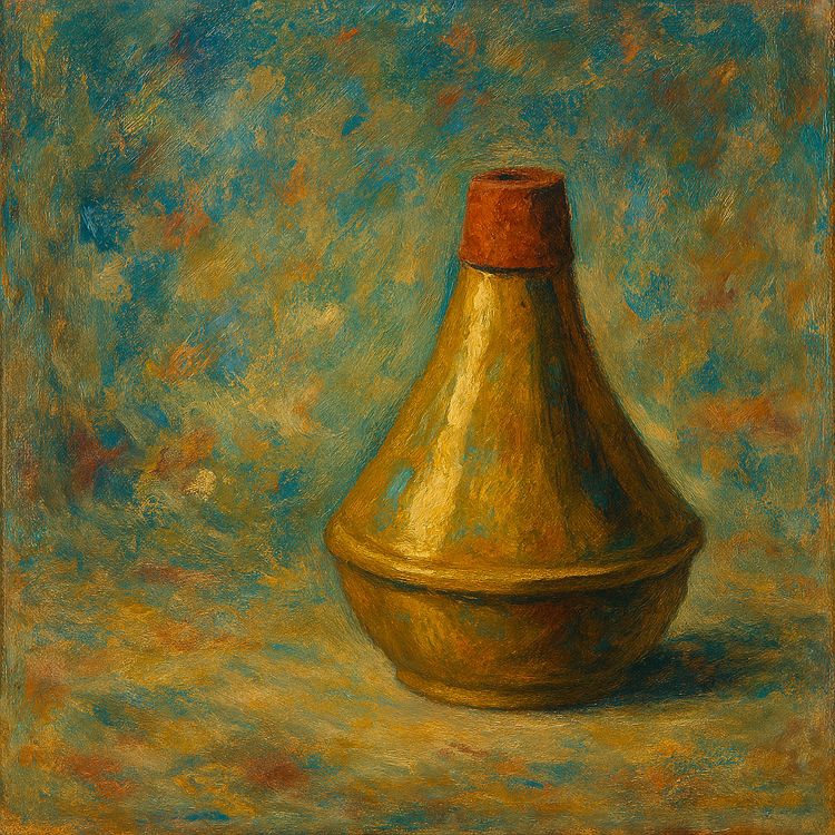 Sordina de metal con corcho representada en una pintura al óleo con fondo abstracto de colores cálidos y fríos.
