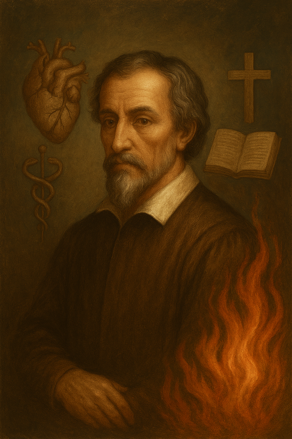Retrato de Miguel Servet en estilo renacentista, con símbolos médicos, religiosos y llamas rodeándolo, sobre un fondo oscuro y cálido