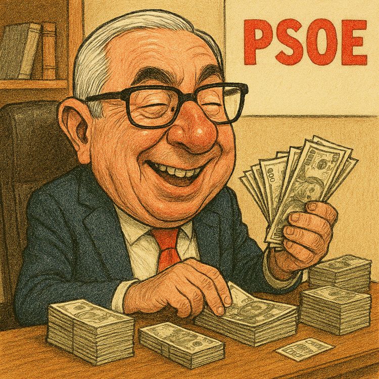 Caricatura satírica de José Blanco, exministro del PSOE, contando fajos de billetes en un despacho con el logo del partido al fondo.