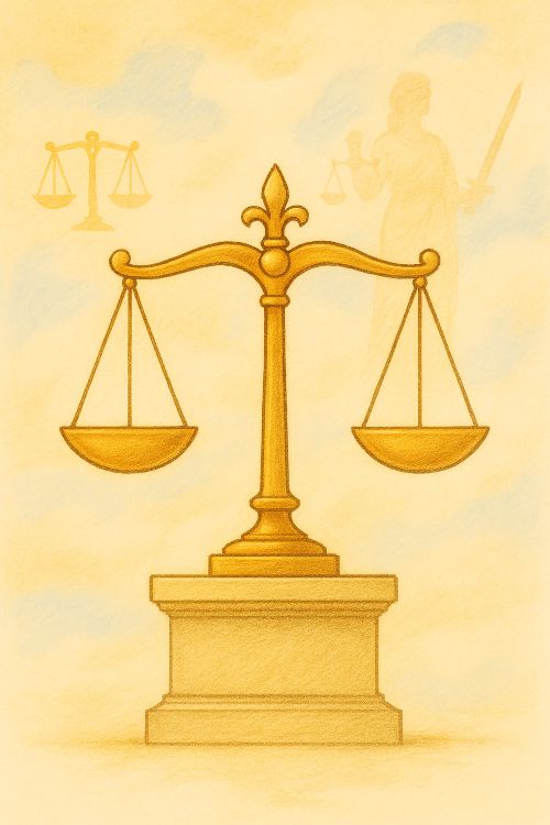 Ilustración simbólica de la justicia con balanza dorada sobre fondo abstracto en tonos claros.