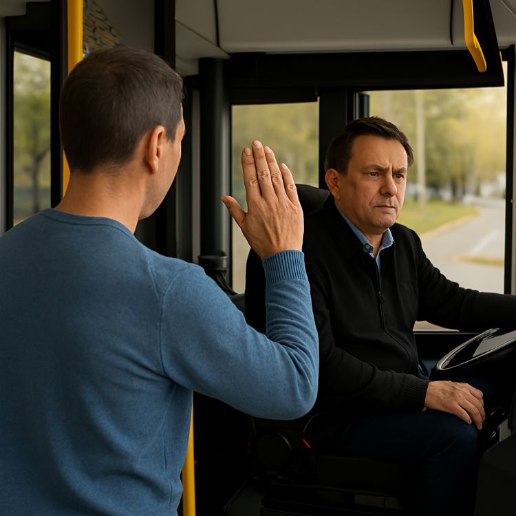 Pasajero saludando al conductor de autobús que no responde, en una escena cotidiana de transporte público.