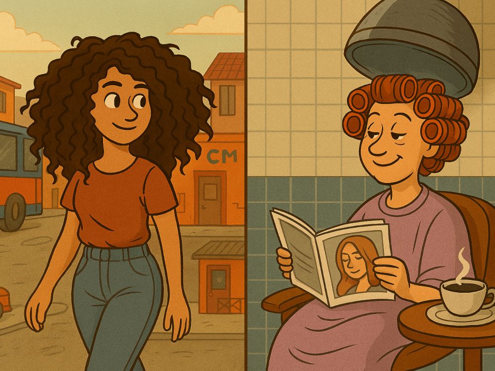 Dos mujeres con peinados rizados: una joven argentina con rizos naturales caminando por la calle, y una mujer española en una peluquería con rulos bajo un secador