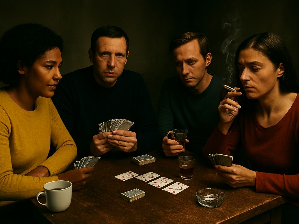 'Ser de la partida': Cuatro adultos juegan a las cartas en una mesa desgastada, rodeados de café, licor y humo de tabaco, en un ambiente sombrío y serio.