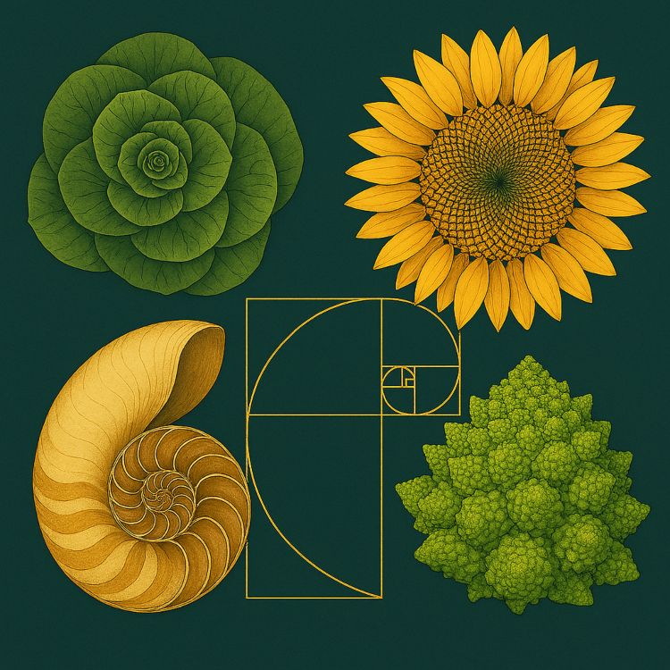 Ilustración de cuatro elementos naturales dispuestos sobre fondo verde oscuro, con espiral dorada de Fibonacci
