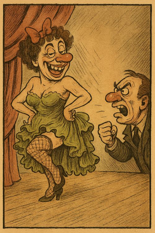 Caricatura teatral de una suripanta en escena, con vestuario exagerado y gesto provocador, frente a un personaje masculino enfurecido