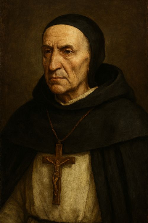 Retrato estilizado de Tomás de Torquemada, inquisidor general de Castilla y Aragón, con hábito dominico y crucifijo, sobre fondo oscuro