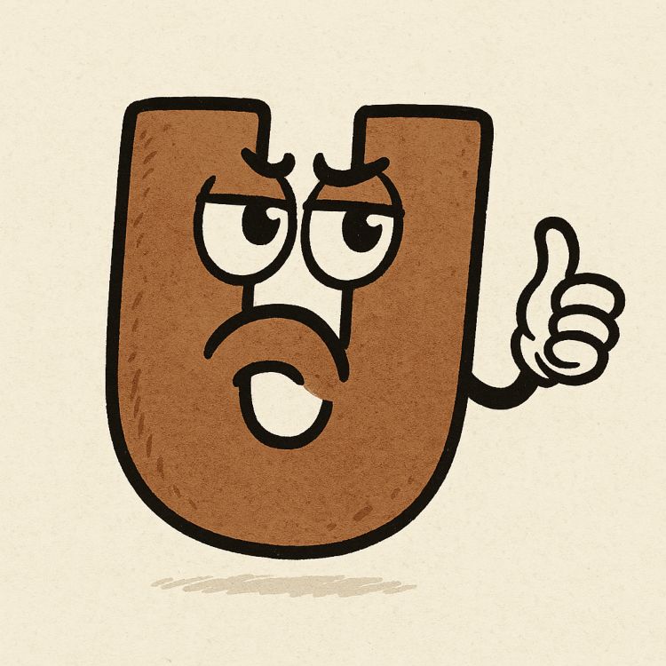 Caricatura de la U, la muda útil, con rostro serio y gesto de aprobación con el pulgar arriba