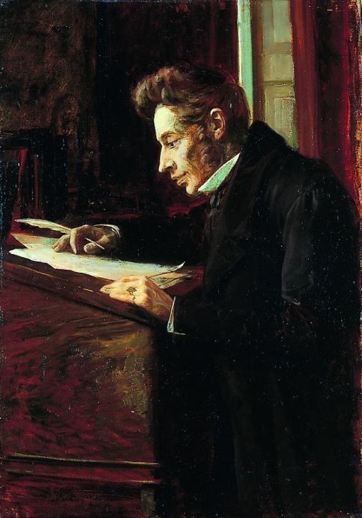 Retrato de Søren Kierkegaard, filósofo danés del siglo XIX, trabajando con expresión seria y mirada introspectiva
