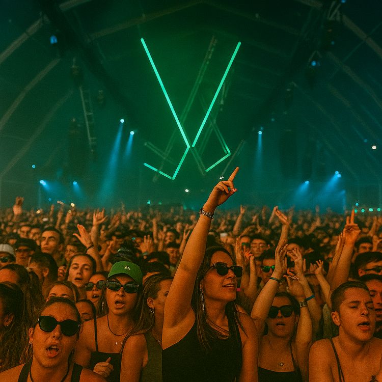 A gozar ¡A gozar! Multitud joven bailando en un festival bajo luces verdes y azules, con brazos levantados y gestos de euforia colectiva
