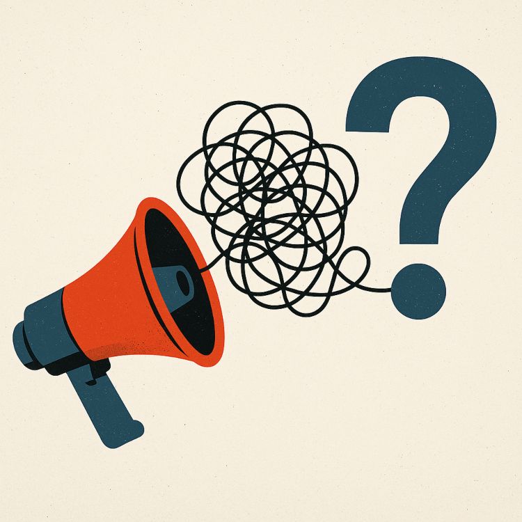 Ilustración conceptual de un megáfono emitiendo líneas caóticas hacia un signo de interrogación, simbolizando confusión informativa