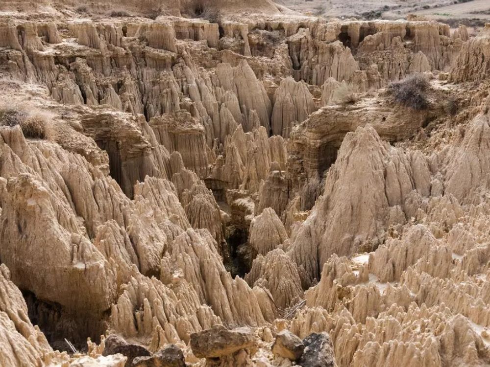 Aguarales de Valpalmas. Formaciones arcillosas erosionadas en un paisaje árido, con crestas afiladas, cárcavas profundas y relieves moldeados por el agua y el viento