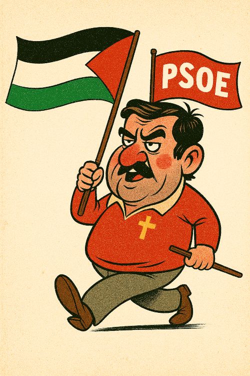 Aquí hay secuaces. Caricatura de un hombre marchando con banderas del PSOE y Palestina, con gesto exagerado y expresión obediente