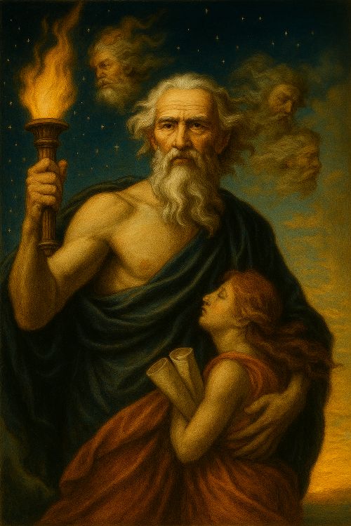 Astreo, titán griego, con antorcha encendida, acompañado por Eos y los dioses del viento, bajo un cielo estrellado al amanecer