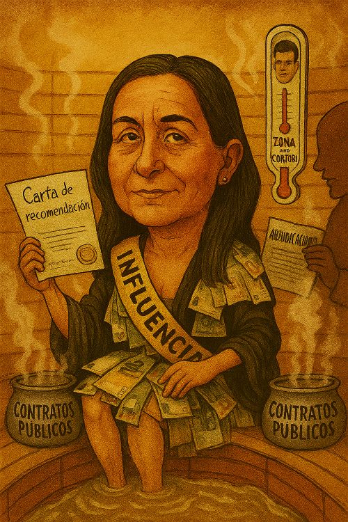 Caricatura satírica de Begoña Gómez en una sauna institucional, vestida con billetes de euro y una banda que dice “Influencia”. Sostiene una carta de recomendación mientras dos calderas etiquetadas como “Contratos públicos” emiten vapor. Un termómetro con la cara de Pedro Sánchez marca “Zona de confort” y una figura sombría la abanica con un documento de adjudicaciones
