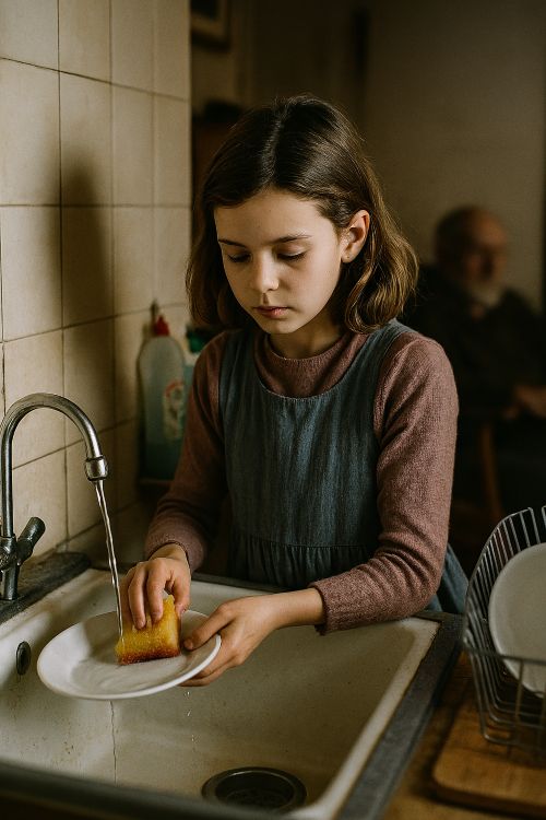 Berta Isabel Cuadrado Berta Isabel Cuadrado. Niña lavando platos en una cocina modesta, con expresión concentrada y un anciano al fondo