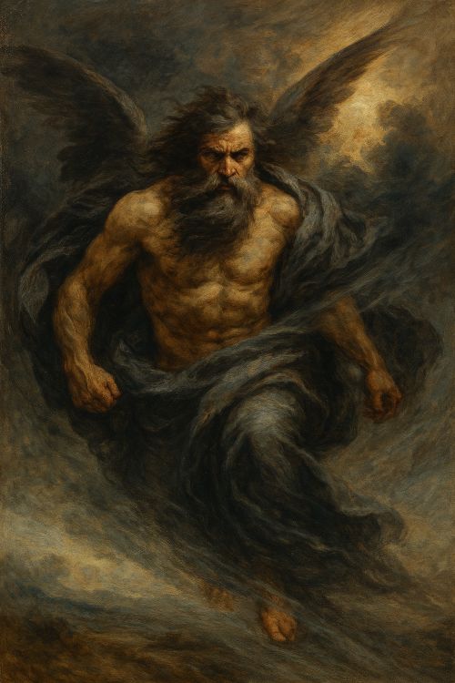 Representación clásica de Bóreas, dios griego del viento del norte, con alas oscuras, rostro severo y manto agitado por la tormenta