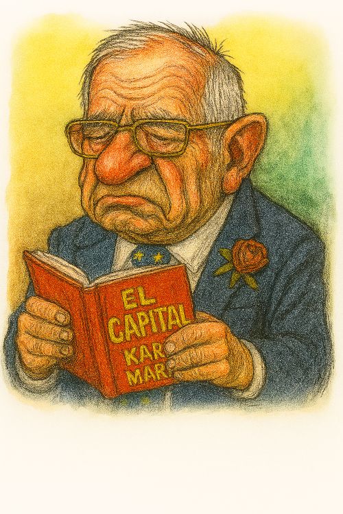 Caricatura de Josep Borrell con gesto derrotado, leyendo El capital y una rosa roja marchita en la solapa