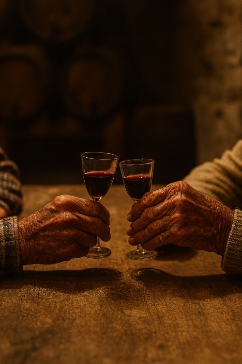 Chisguete. Dos manos envejecidas brindan con copas pequeñas de vino tinto sobre una mesa rústica, en un entorno cálido y tradicional