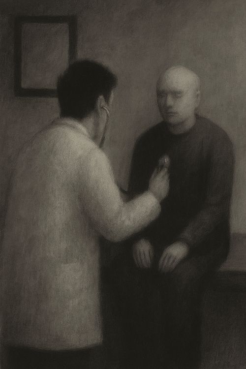 Claudicación. Ilustración en escala de grises que muestra a un médico examinando a un paciente en una sala austera. La escena transmite ambigüedad entre roles, con una atmósfera clínica y sombría