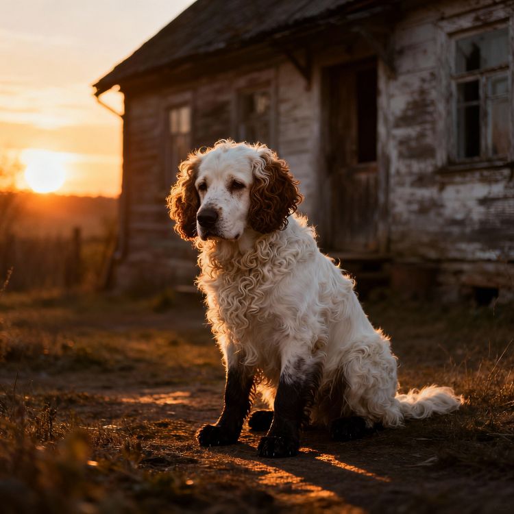 Clavel. Perro blanco y castaño con pelo enrulado frente a una casa de campo antigua al atardecer, evocando nostalgia, misterio y melancolía