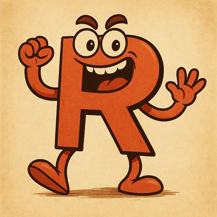 Caricatura animada de la letra R con rostro alegre, brazos en alto y actitud desafiante