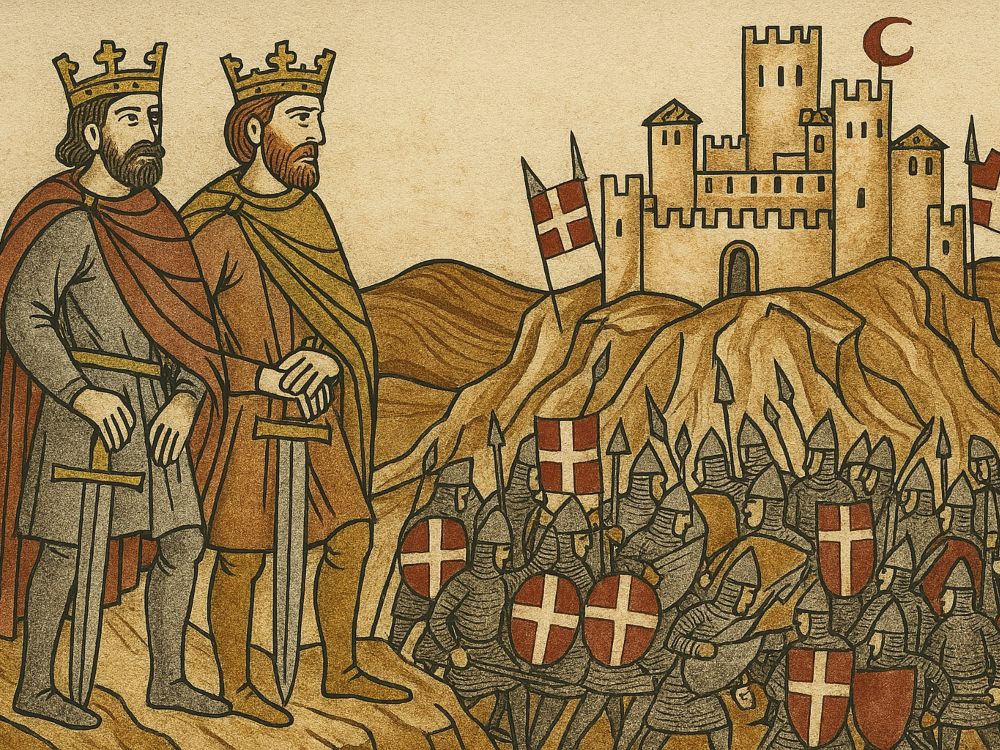 Ilustración medieval estilizada del asedio de Cuenca en 1177, con Alfonso VIII y Alfonso II observando la ciudad amurallada rodeada por tropas cristianas.