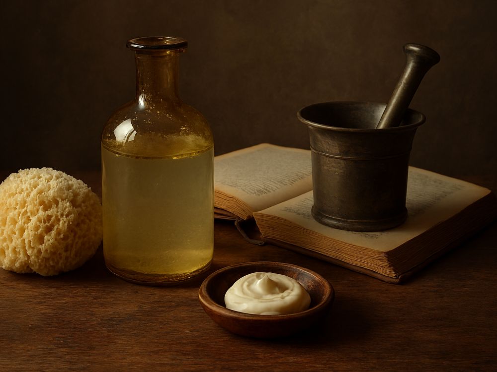 Detersorio. Bodegón con frasco de vidrio, esponja natural, libro antiguo, mortero y cuenco con ungüento sobre mesa de madera en ambiente cálido y tenue