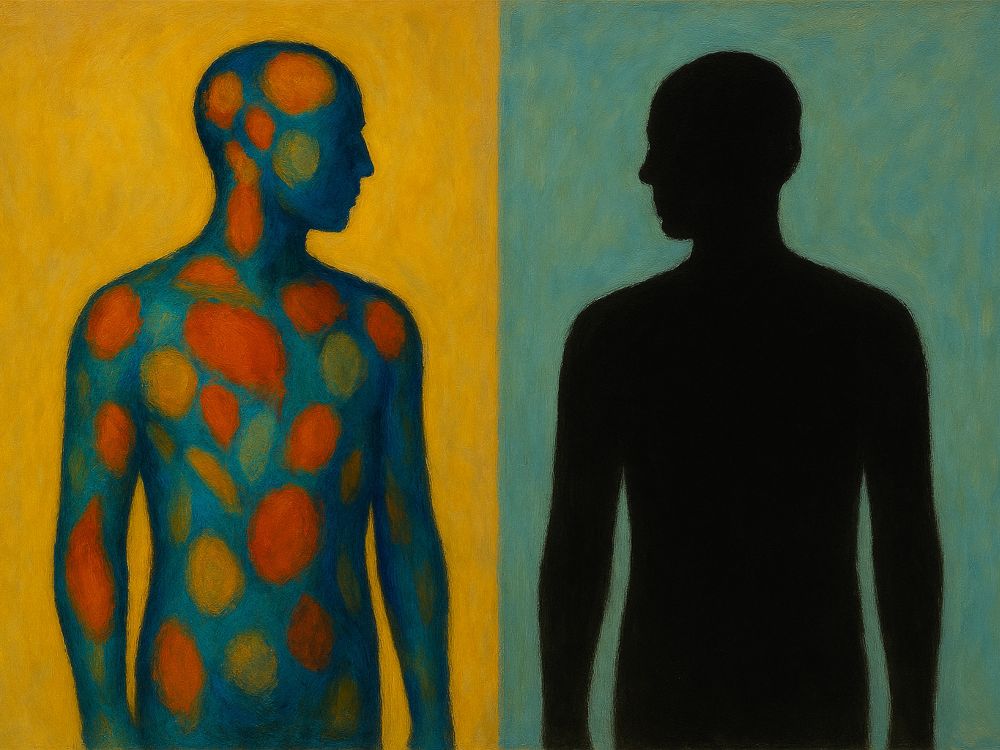 Diferente e indiferente: dos figuras humanas enfrentadas sobre un fondo dividido en amarillo dorado y verde azulado; una figura vibrante y multicolor, la otra oscura y uniforme
