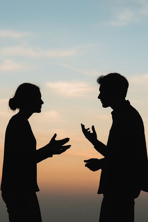 Discutir para avanzar. Dos siluetas dialogan al atardecer bajo un cielo de tonos suaves, en actitud reflexiva y abierta.