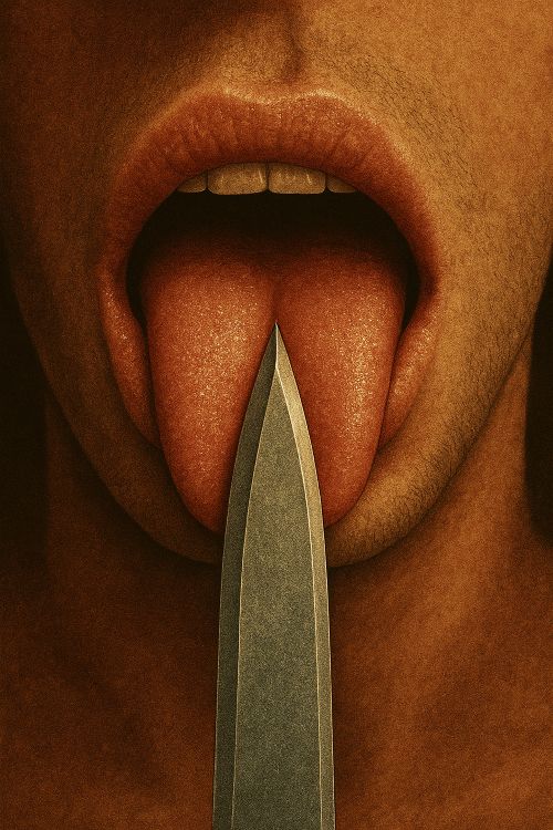 Lengua humana extendida que se transforma en una hoja de cuchillo metálica, simbolizando el poder cortante del lenguaje