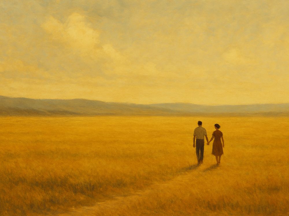 'El monte'. Pareja caminando por una llanura dorada al atardecer, bajo un cielo cálido, sin presencia de montes ni accidentes geográficos