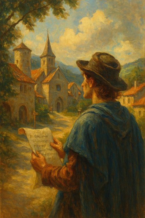 Occitano. Hombre con capa y sombrero contempla un pueblo medieval desde un camino, sosteniendo un pergamino en la mano, bajo luz cálida y paisaje montañoso