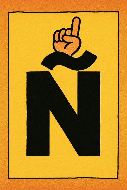 Ilustración satírica de la letra Ñ con una mano sobre la virgulilla haciendo gesto de afirmación, sobre fondo amarillo intenso