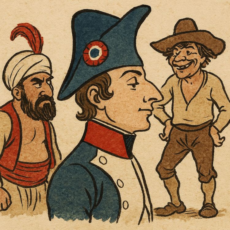 Gabachos y mamelucos. Caricatura de tres personajes: un militar francés con sombrero alto y gesto altivo, un mameluco con turbante y expresión recelosa, y un gabacho con sombrero ancho y sonrisa burlona