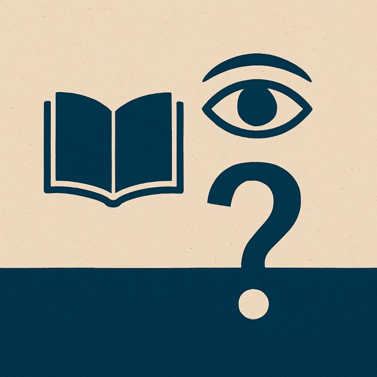 Iconos oscuros sobre fondo beige: un libro abierto, un ojo y un signo de interrogación