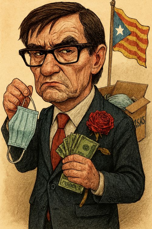 Caricatura de Salvador Illa con gesto serio, sosteniendo una mascarilla y un fajo de billetes, con una rosa roja ajada en el ojal y una bandera independentista catalana al fondo