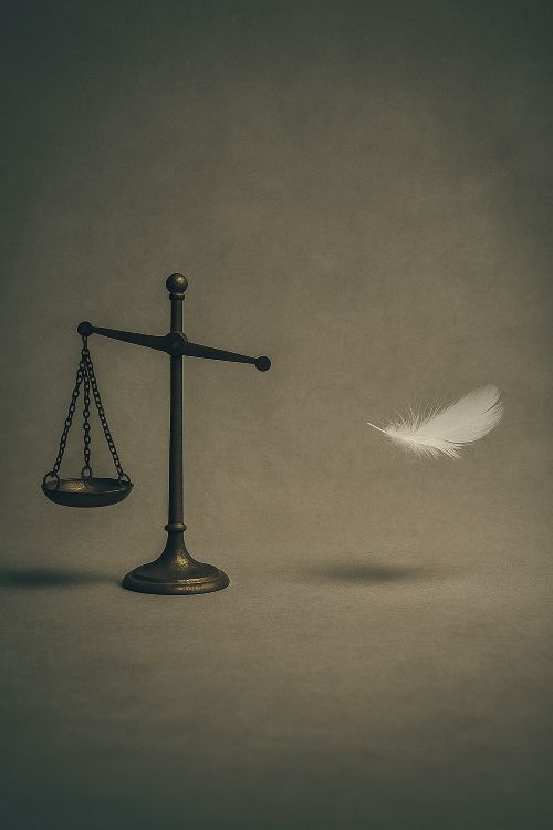 Inicuo e inocuo. Balanza de metal vacía frente a una pluma suspendida en el aire, sobre fondo neutro y atmósfera sobria